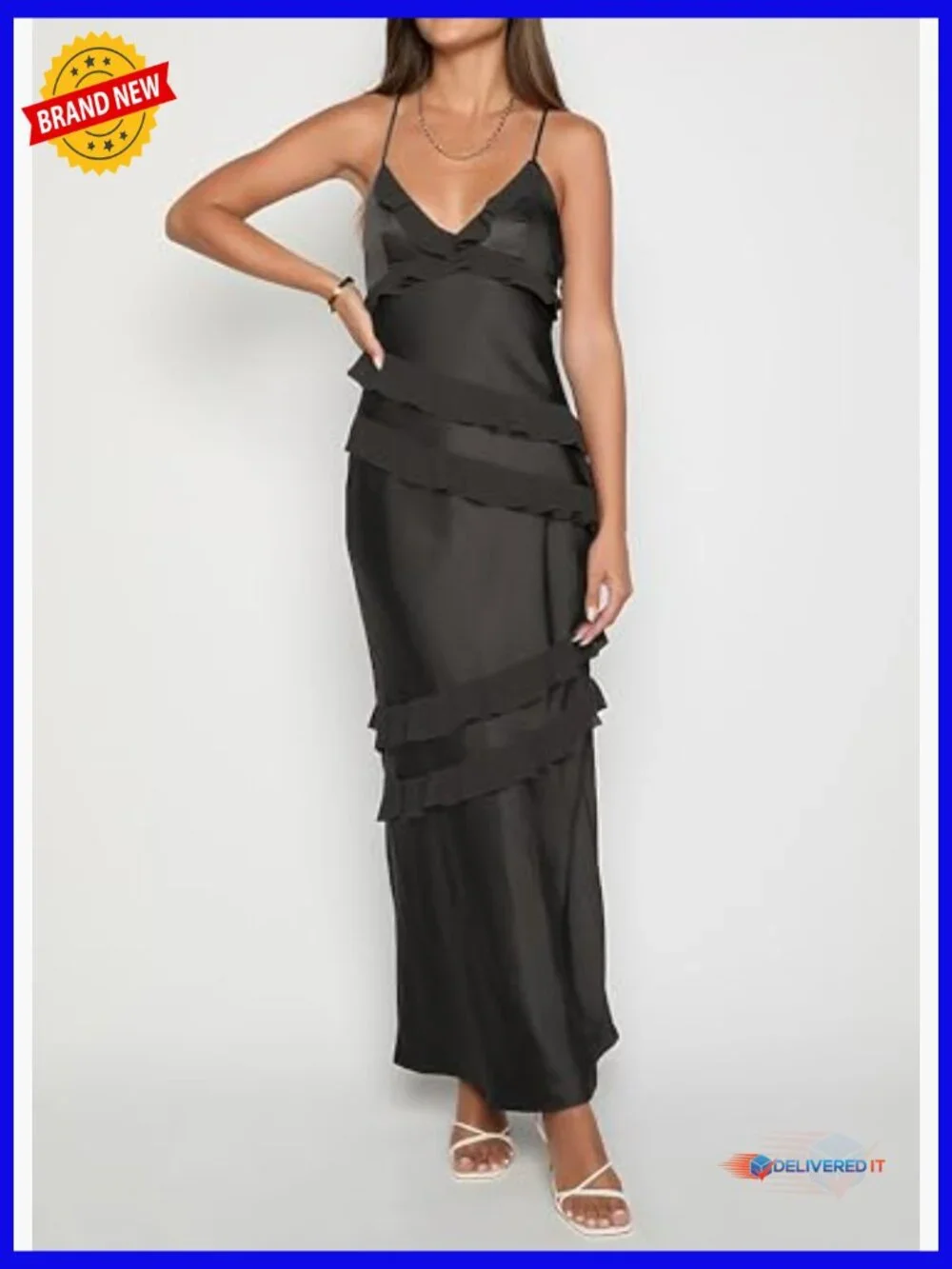 Satin Maxi Dress V-Neck Ruffle Backless Formal Wedding Guest - Picture 3 of 6